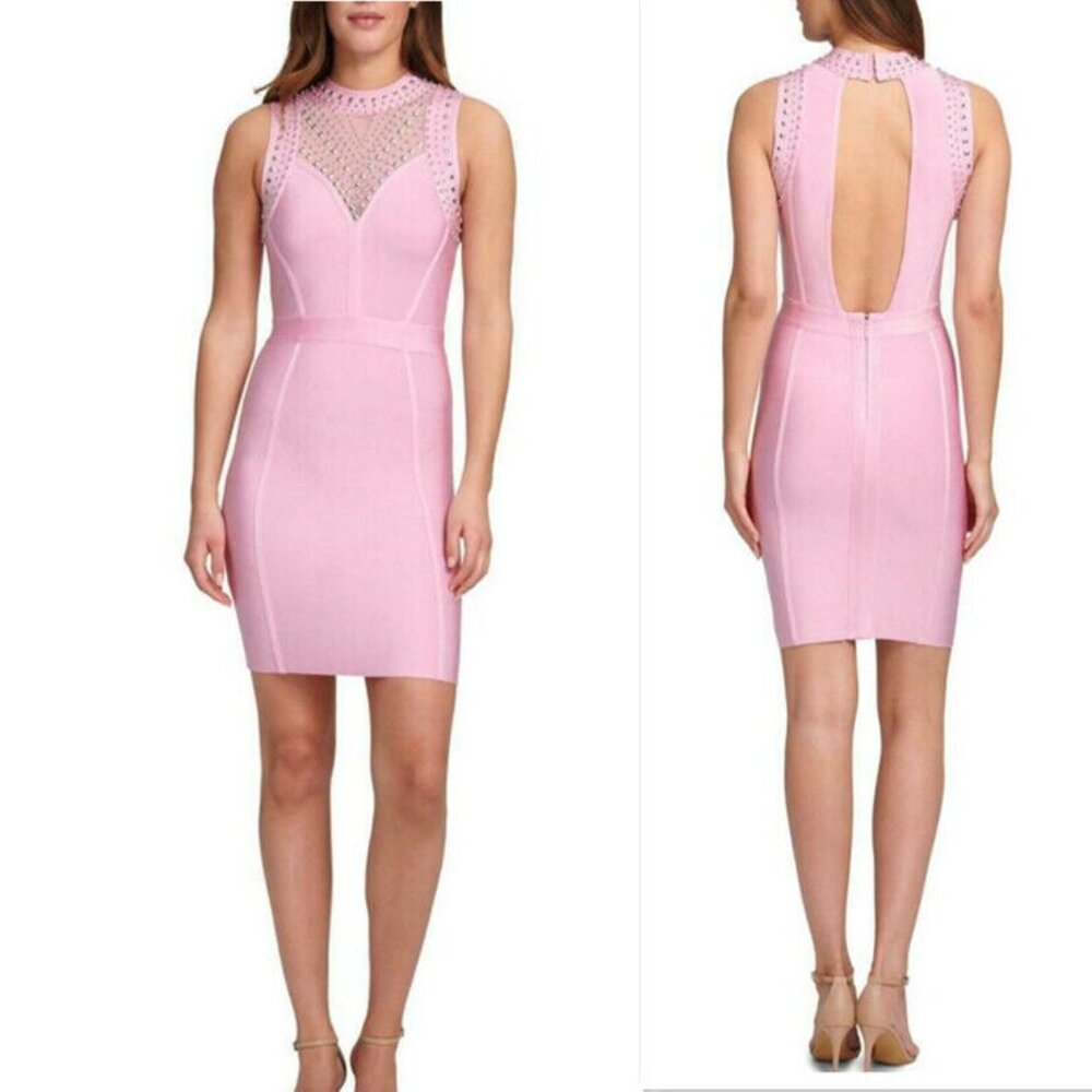 New Marciano  Studded Open-Back Party Bodycon Dress  Pink Size L